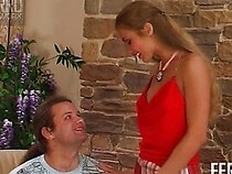 Seductive maid dressed up in red gets her rear entry poked in a twisted way